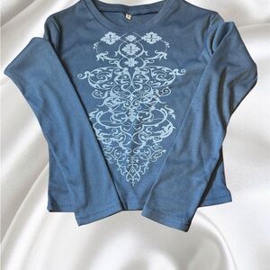 Blue Long Sleeve Shirt with Graphic Vine Print